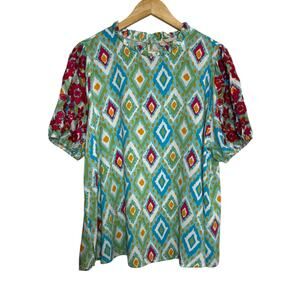 Savanna Jane Green Geometric Floral Embroidered Top 1X